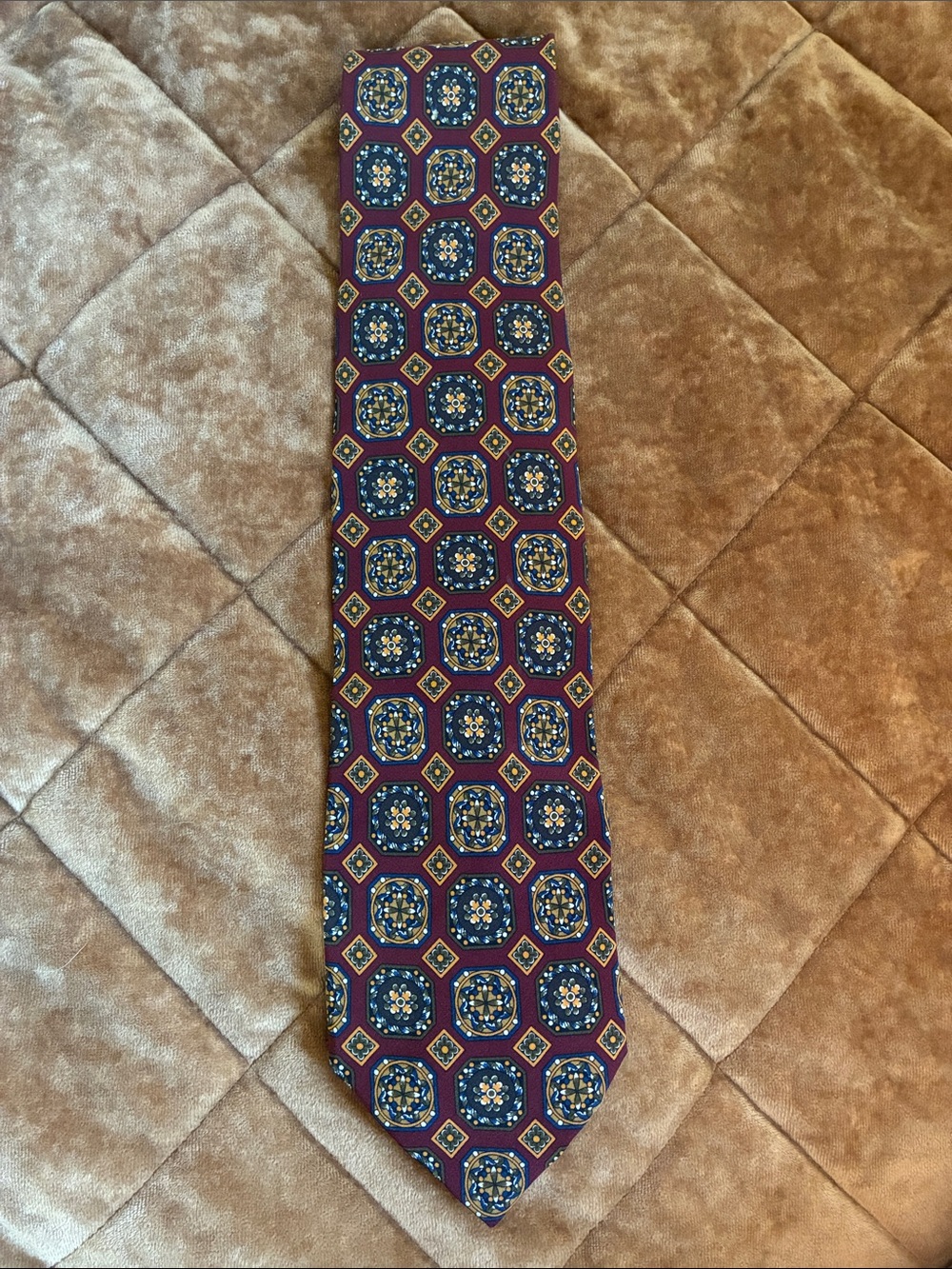 Vintage Valentino Cravatte Maroon & Gold Silk Tie with Geometric Pattern ~ Italy